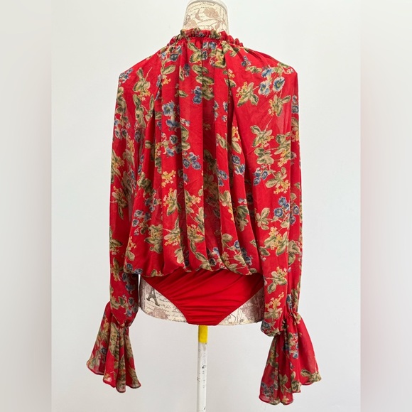 MISSGUIDED  Red floral surplice poet sleeve bodysuit size 10 - Picture 13 of 15